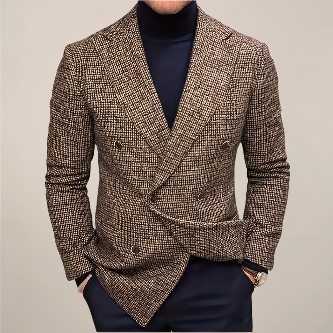 Elegant men's slim fit check blazer, suitable for formal wear or business attire. Classic tailored jacket.