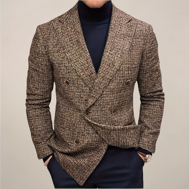 Elegant men's slim fit check blazer, suitable for formal wear or business attire. Classic tailored jacket.
