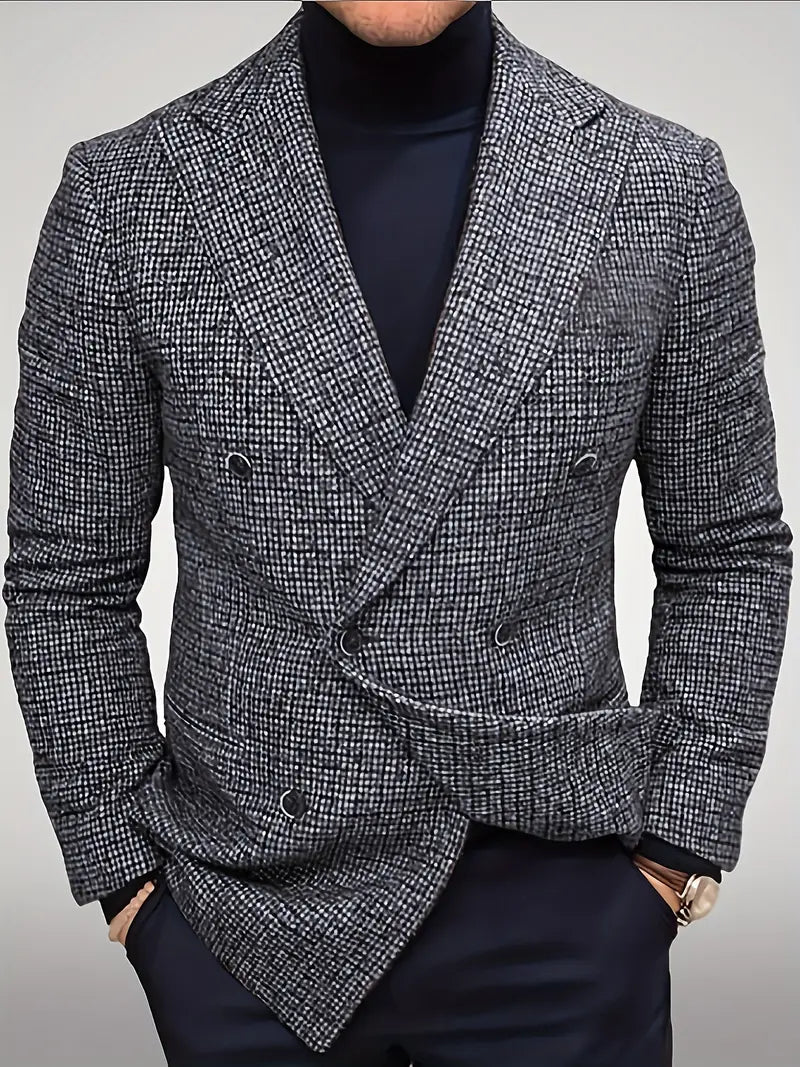 Elegant men's patterned check blazer, slim fit design for sharp smart casual and professional attire.