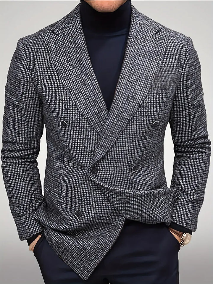 Elegant men's patterned check blazer, slim fit design for sharp smart casual and professional attire.