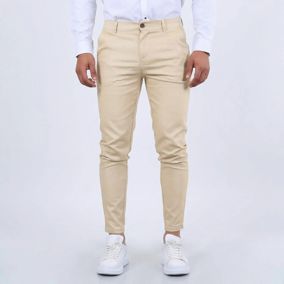 Modern men's tapered chino pants, perfect for casual or office wear.