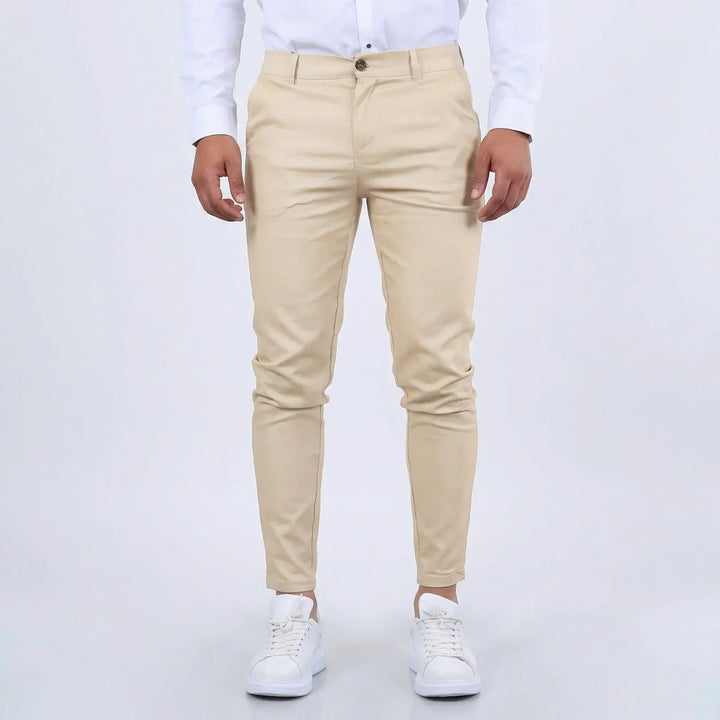 Modern men's tapered chino pants, perfect for casual or office wear.