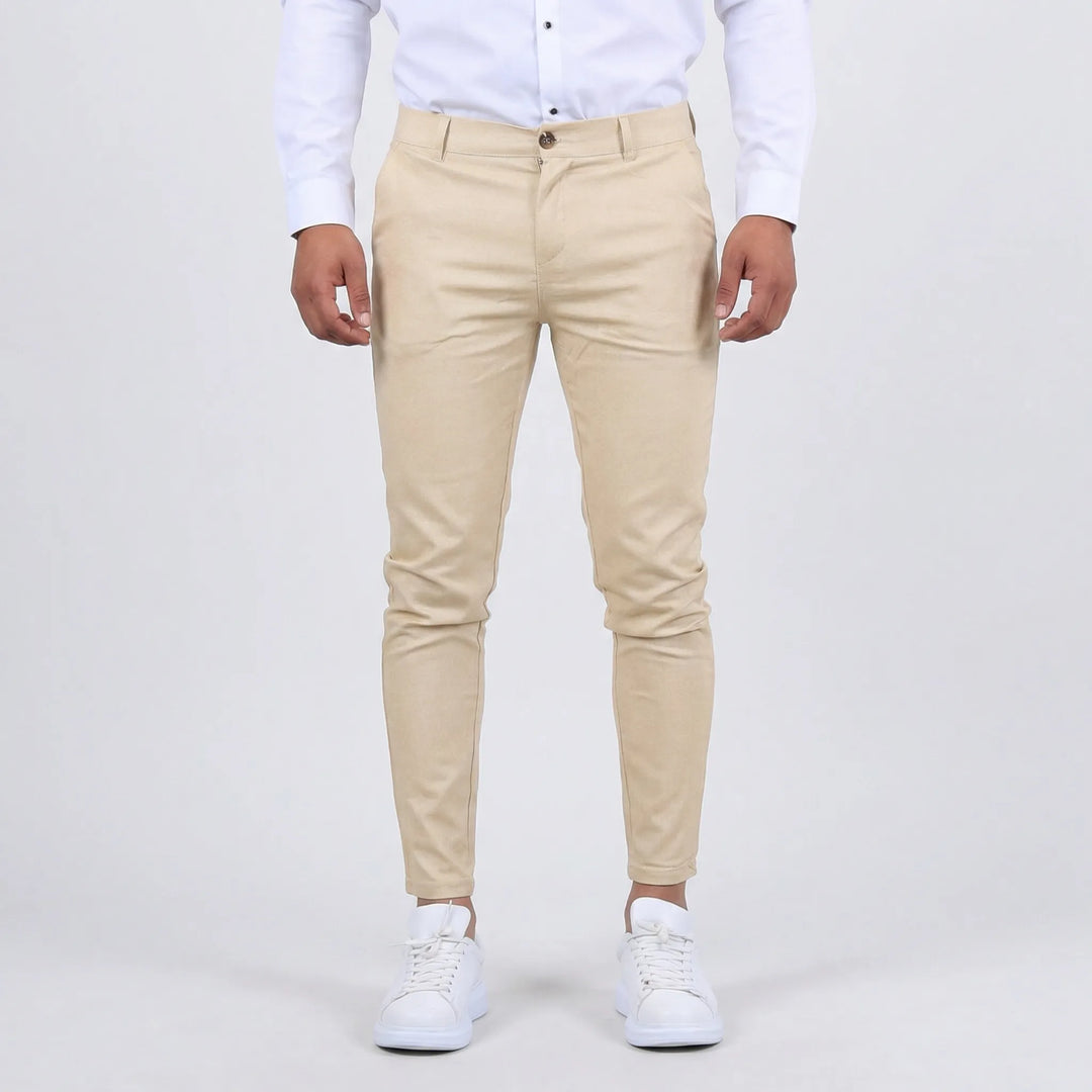 Classic men's chino pants, offering a sleek, modern slim-fit look.