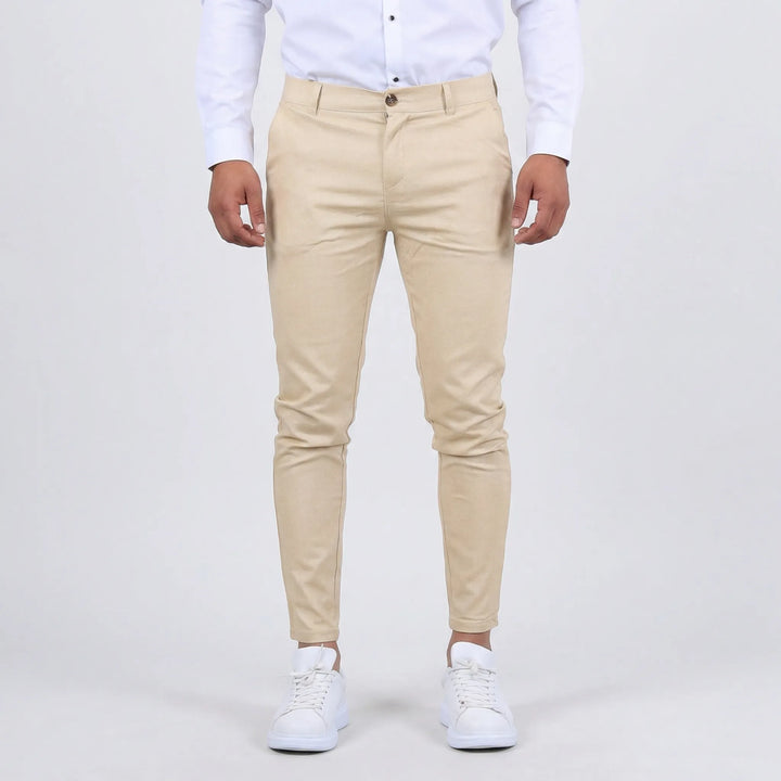 Classic men's chino pants, offering a sleek, modern slim-fit look.