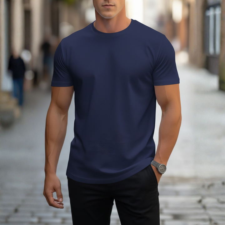 Fashionable men's slim fit crew neck t-shirt, short sleeve design, perfect for modern casual style.