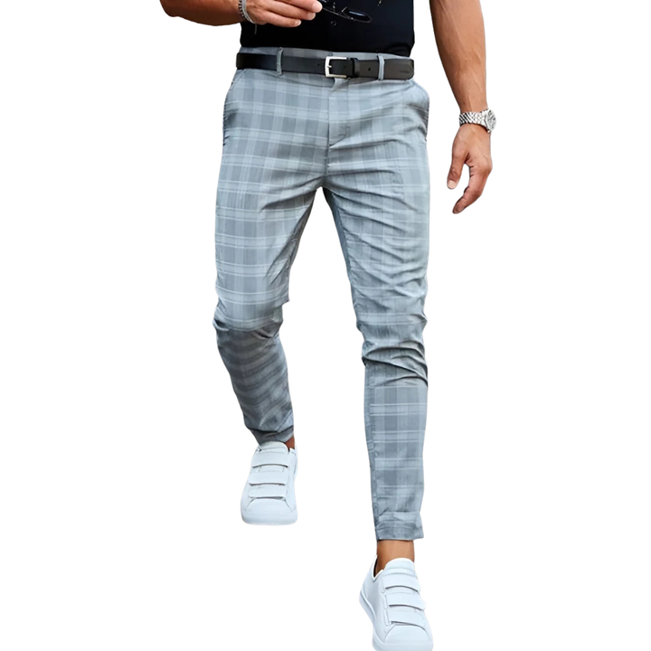 Men's slim fit cropped checked pants, perfect for modern smart casual or office wear with a tapered leg.