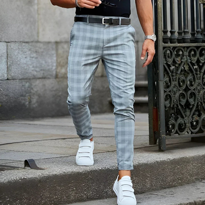 Slim fit men's checked trousers, cropped ankle, tapered leg, perfect for smart casual & office style.