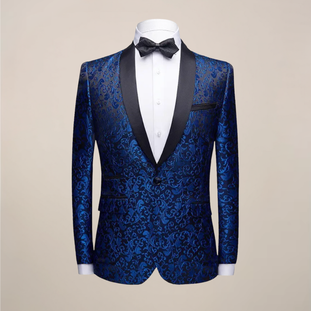 Men's slim fit embroidered black tuxedo blazer, perfect for formal events & special occasions.