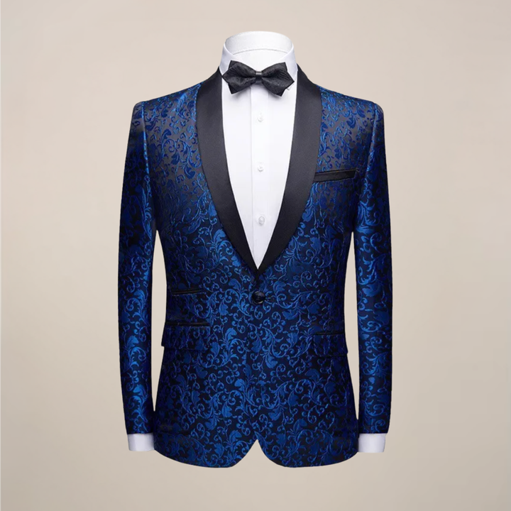 Men's slim fit embroidered black tuxedo blazer, perfect for formal events & special occasions.