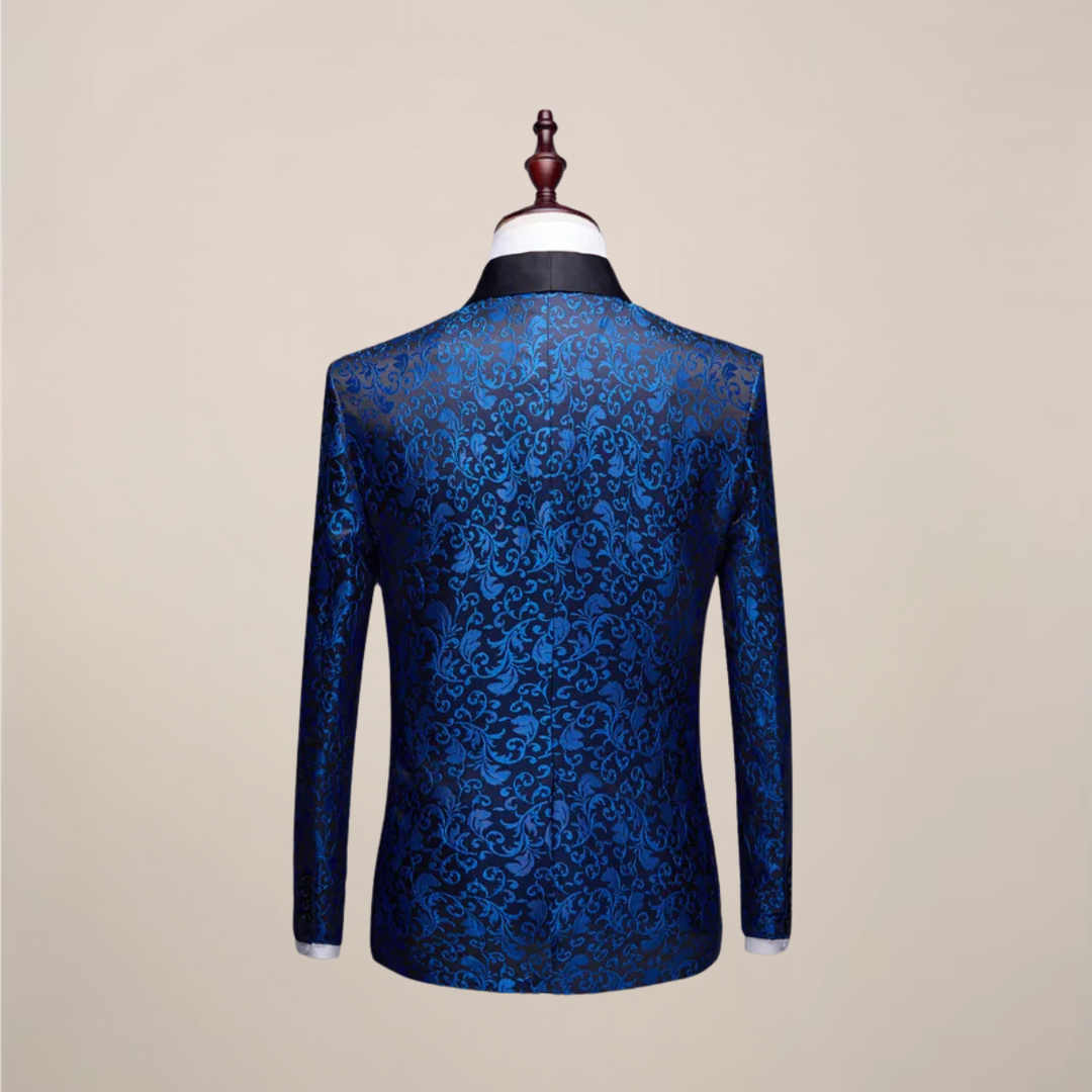 Elegant men's slim fit tuxedo jacket with intricate embroidery for weddings & gala outfits.