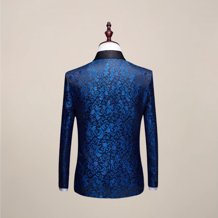 Elegant men's slim fit tuxedo jacket with intricate embroidery for weddings & gala outfits.