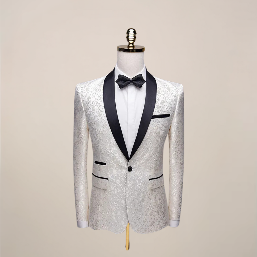 Black slim fit men's tuxedo blazer featuring detailed embroidery, ideal for formal wear.