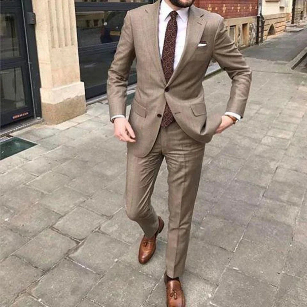 Men's slim fit khaki 2-piece suit, perfect for summer weddings, business casual, or stylish event attire.