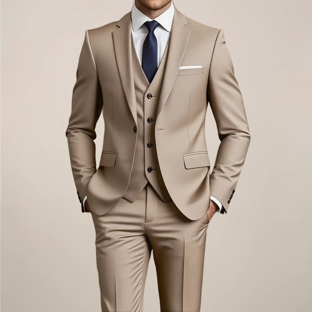 Men's slim fit khaki three-piece suit, perfect for weddings, business, or formal events.