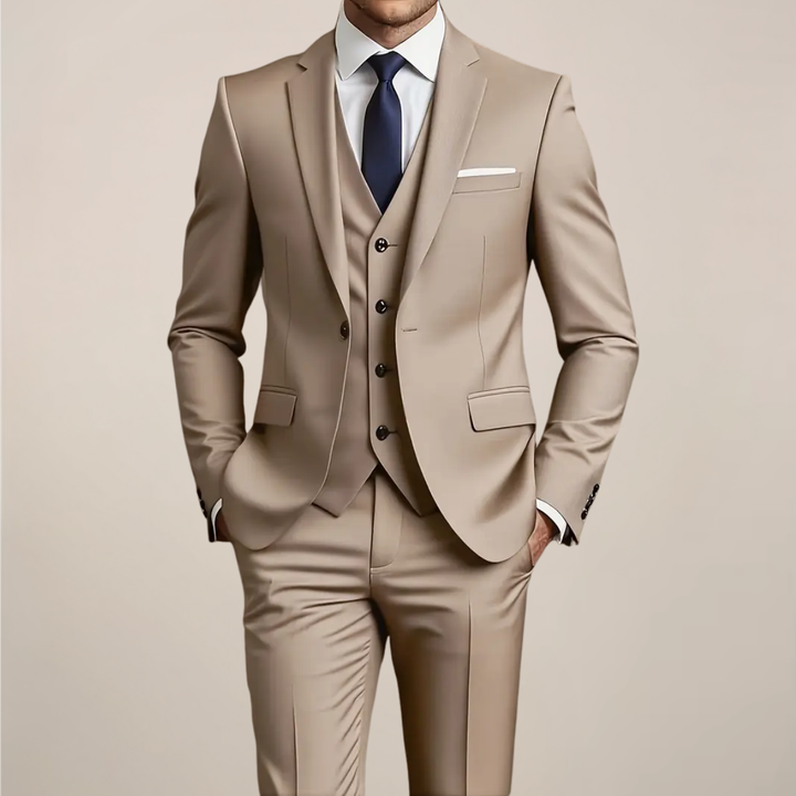 Men's slim fit khaki three-piece suit, perfect for weddings, business, or formal events.