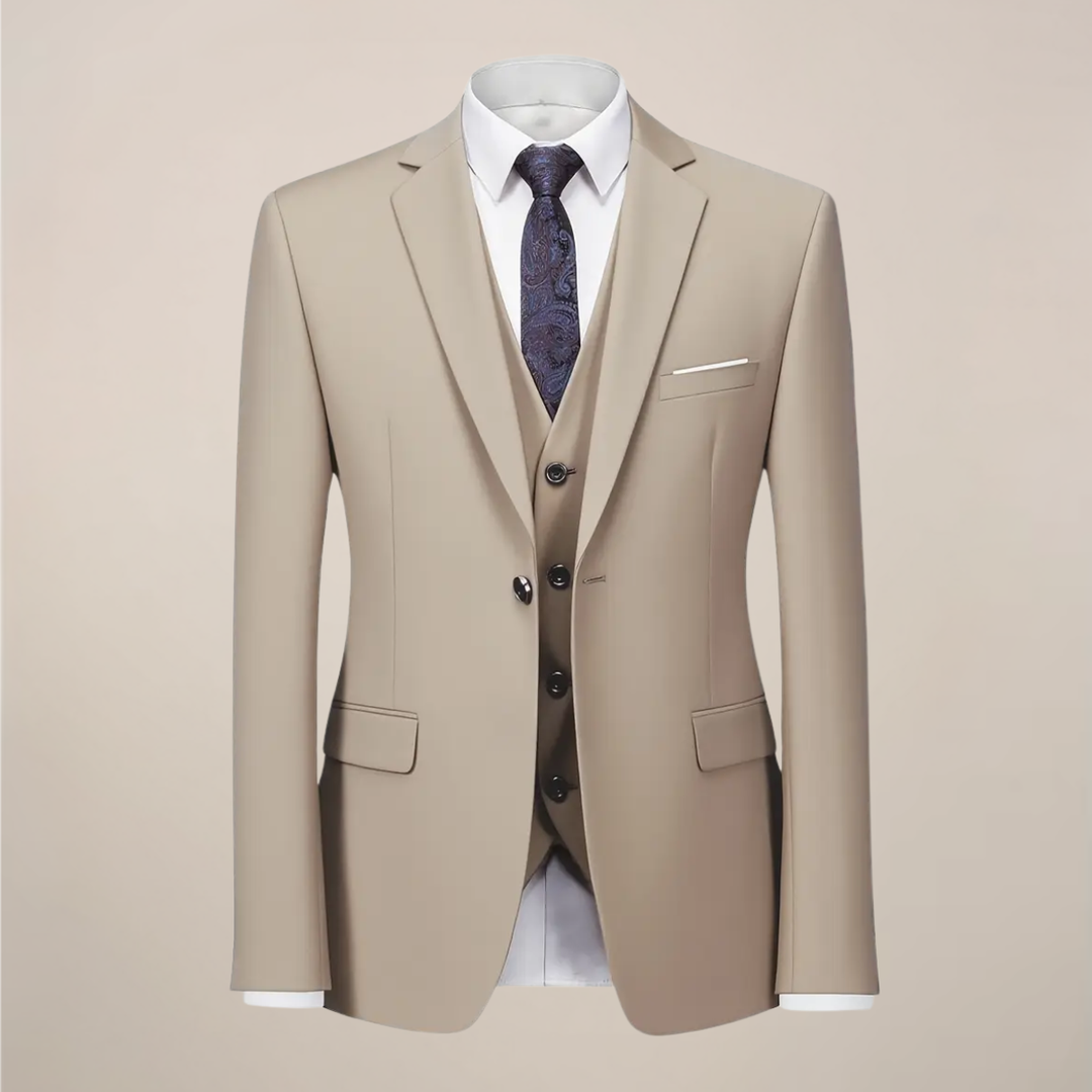Stylish men's khaki slim fit tuxedo with jacket & vest. Ideal three-piece suit for formal events & weddings.