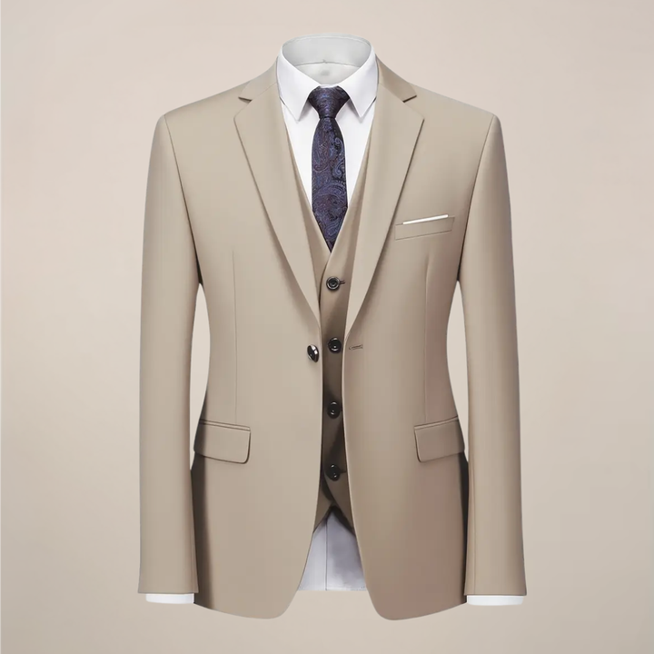 Stylish men's khaki slim fit tuxedo with jacket & vest. Ideal three-piece suit for formal events & weddings.