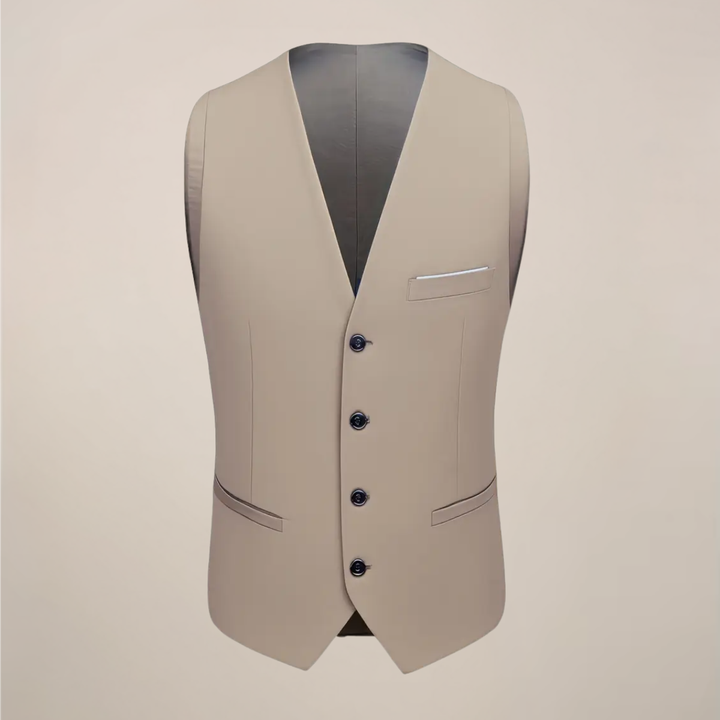 Man modeling a sophisticated khaki three-piece slim fit suit, suitable for formal weddings, business, or party attire.