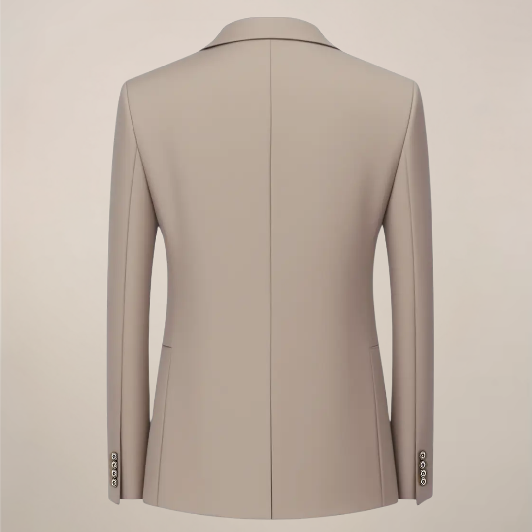 Khaki three-piece men's suit, slim fit tuxedo style. Perfect formal wear for weddings, business meetings, and special events.