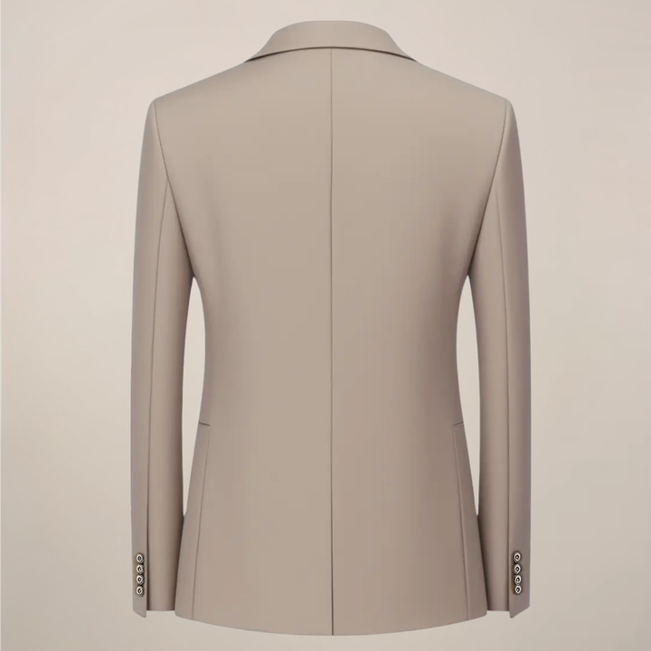 Khaki three-piece men's suit, slim fit tuxedo style. Perfect formal wear for weddings, business meetings, and special events.