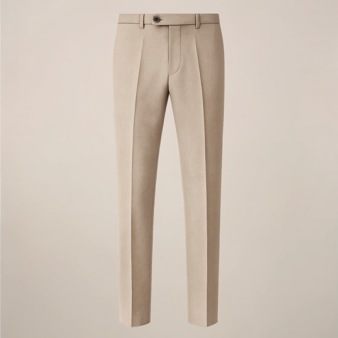 Close-up of men's khaki three-piece slim fit suit fabric. Stylish formal tuxedo for weddings & business events.