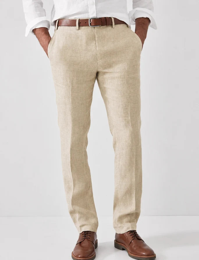 Men's slim fit linen dress pants in a breathable fabric, perfect for summer casual or formal wear. Lightweight & comfortable.