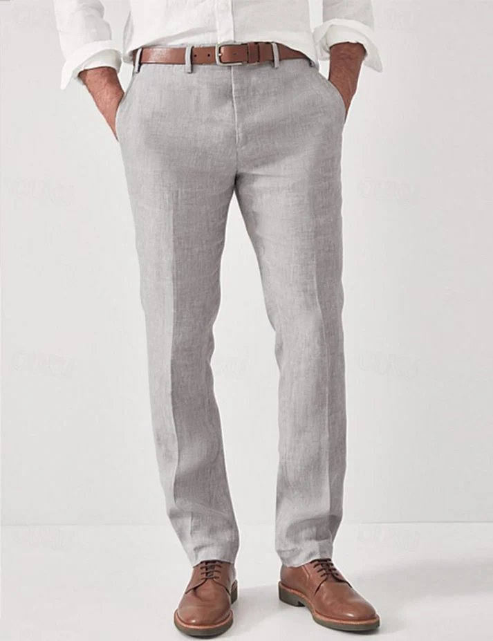 Stylish men's beige slim fit linen pants, ideal for summer dressy or casual outfits. Lightweight & breathable formal/casual.