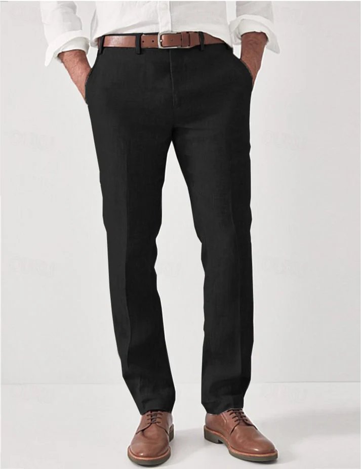 Black slim fit linen pants for men, offering breathable comfort for summer formal or casual events. Mens fashion essential.