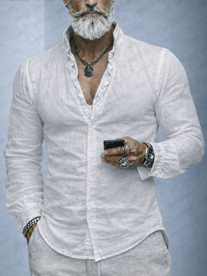 Men's slim fit long sleeve button-up shirt with ruffled neck, perfect for casual or smart casual wear.