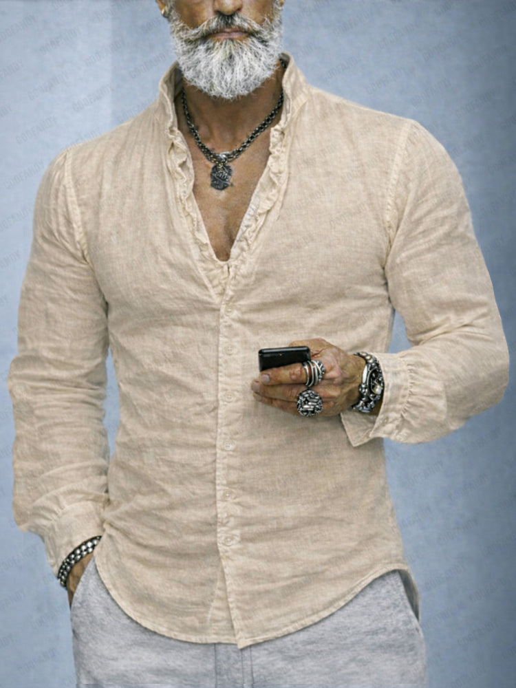 Stylish men's ruffled neck long sleeve shirt. Slim fit button-up, ideal for versatile casual & smart fashion.