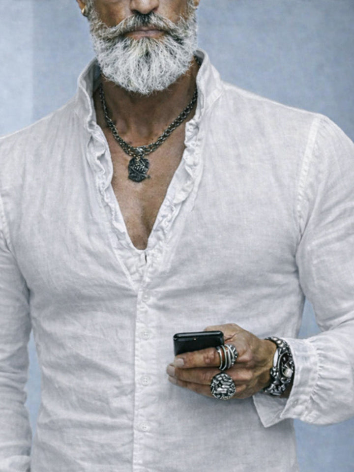 Casual men's slim fit long sleeve button-up shirt featuring a unique ruffled neck design. Modern men's fashion.