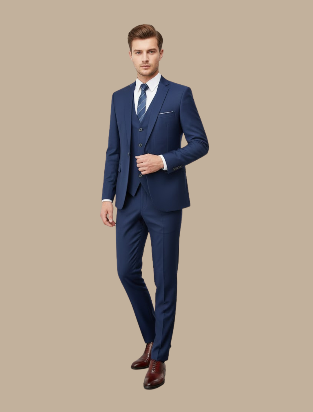 Elegant navy slim fit three-piece suit for men, perfect for weddings, business, or formal events. Modern & stylish.