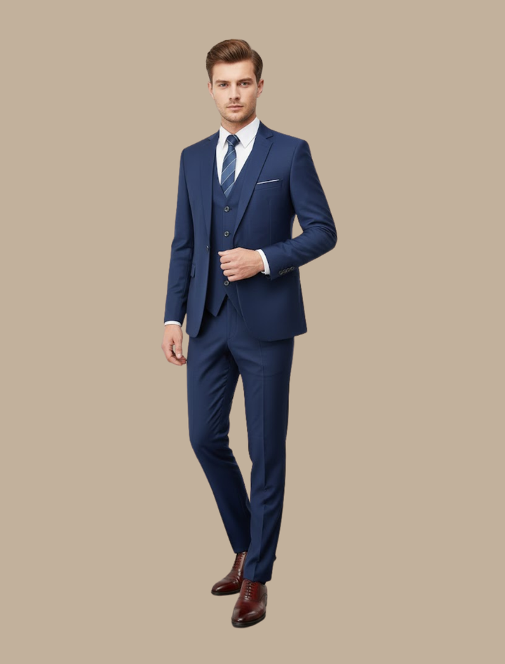 Elegant navy slim fit three-piece suit for men, perfect for weddings, business, or formal events. Modern & stylish.