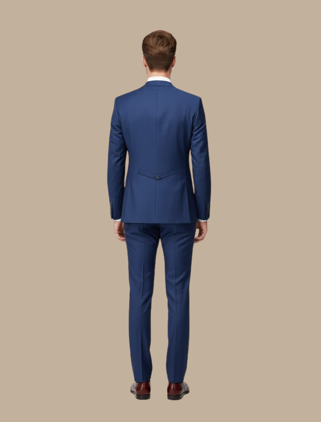 Tailored men's navy slim fit three-piece suit, featuring a stylish jacket, waistcoat, and trousers for formal wear.