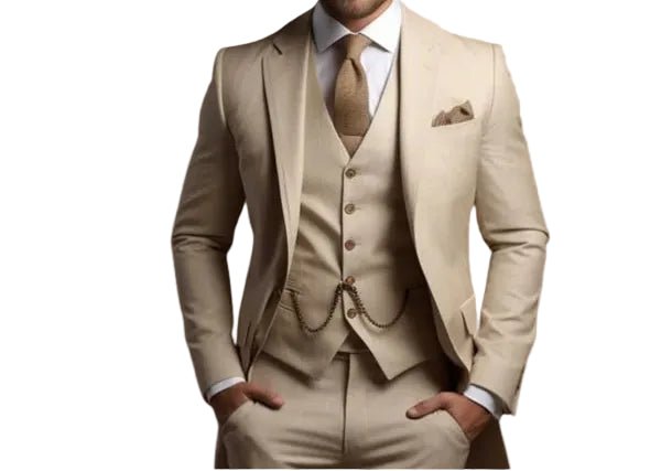 Tailored men's slim fit three-piece suit, a sharp formal outfit for groomsmen, business, or parties.
