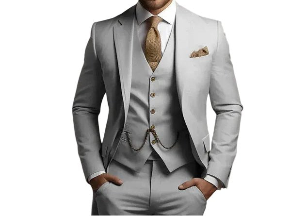 Elegant men's three-piece suit: slim fit jacket, vest & trousers. Ideal for wedding, business & special occasions.
