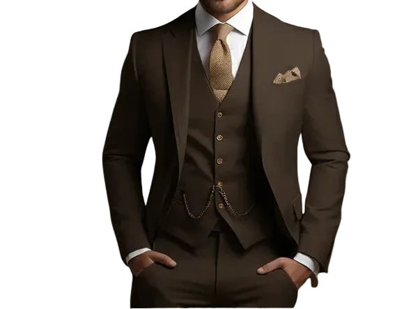 Stylish men's wedding suit, a tailored slim fit three-piece ensemble for grooms, guests & formal events.