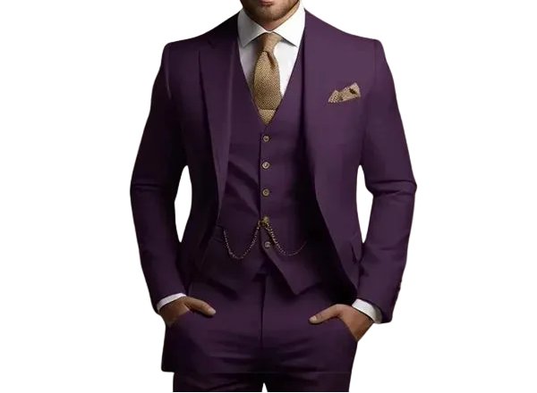 Classic black men's slim fit three-piece formal suit. Tailored for wedding, party, or business attire.