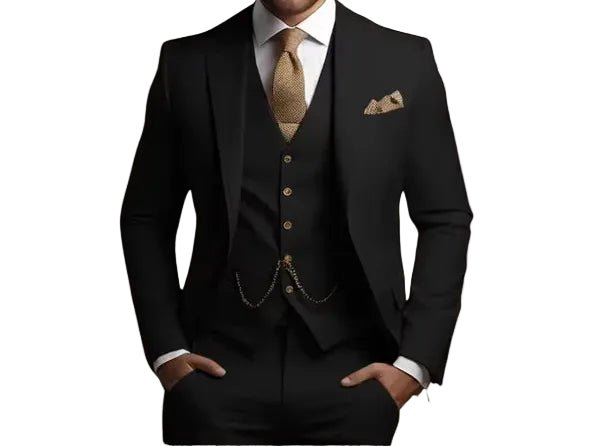 Modern men's slim fit three-piece suit, tailored for a sharp look at weddings, proms, or formal events.