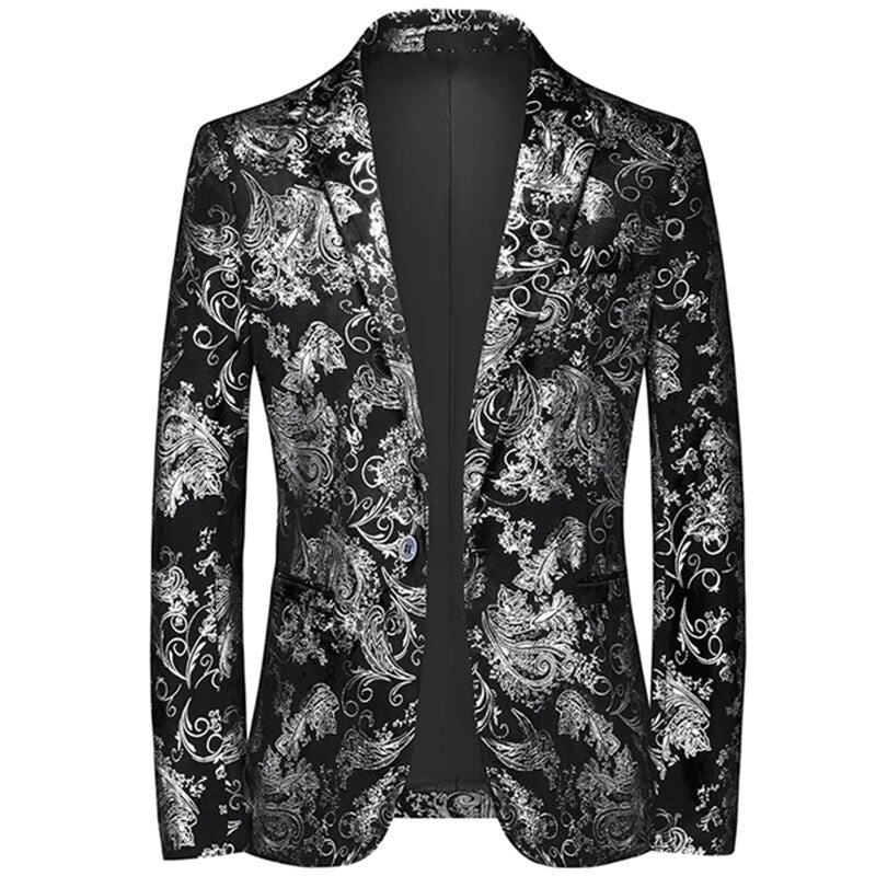 Contemporary men's patterned slim-fit blazer, a fashionable choice for modern formal wear and events.