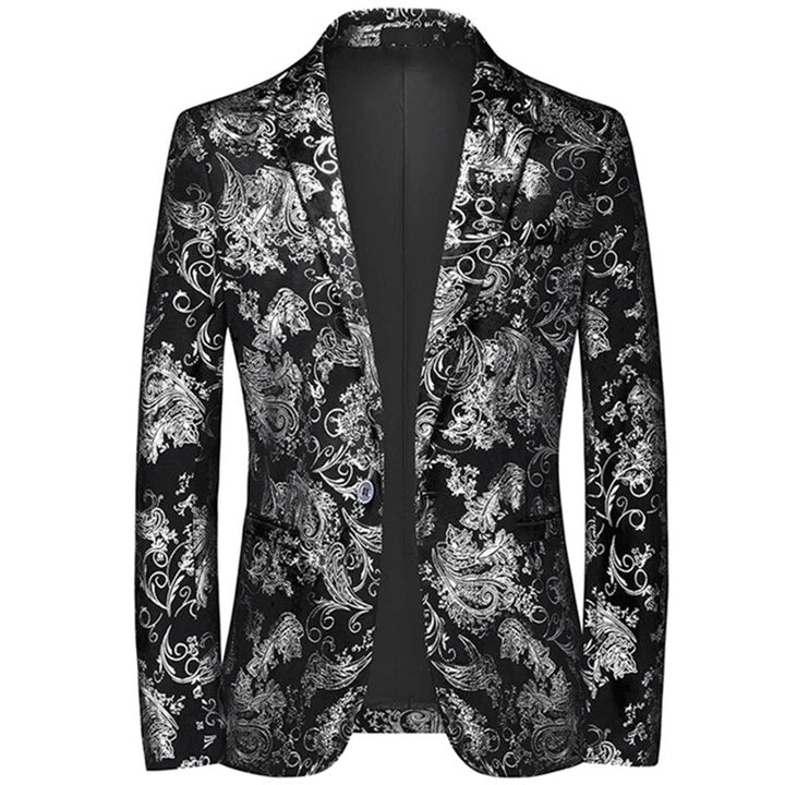 Contemporary men's patterned slim-fit blazer, a fashionable choice for modern formal wear and events.