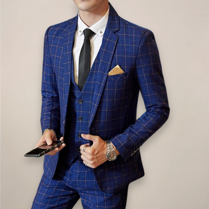 Men's slim fit plaid two-piece suit set. Elegant formal wear with checked blazer and trousers for business or wedding.