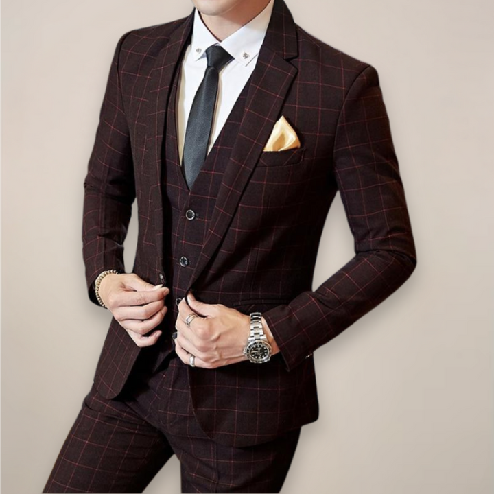 Sophisticated men's plaid suit, a slim fit two-piece formal wear, ideal for business, weddings, and special occasions.