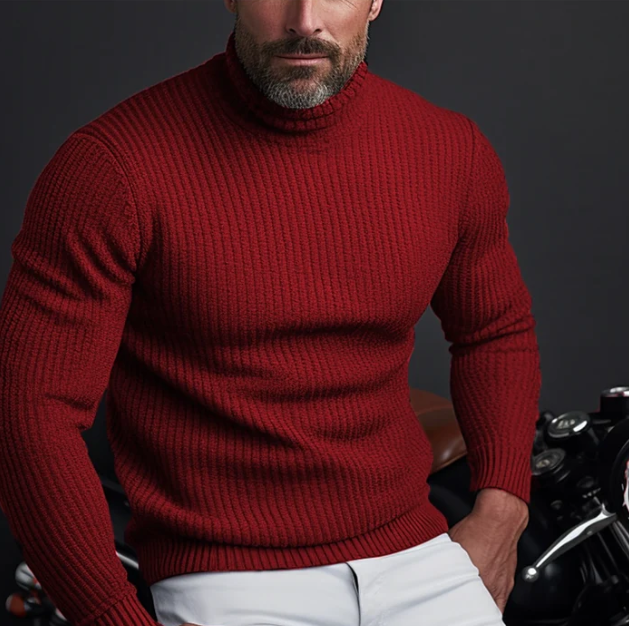Men's slim fit ribbed turtleneck sweater, warm winter knit with long sleeves for versatile style.
