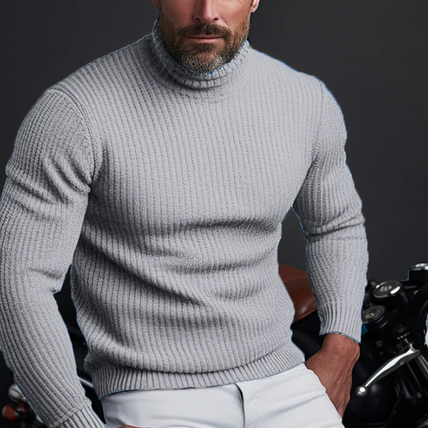Stylish men's ribbed turtleneck winter sweater, perfect for warmth & versatile layering in a slim fit.