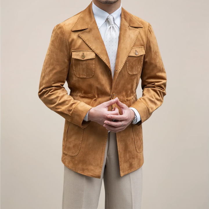Men's slim fit safari jacket with four utility pockets, ideal for outdoor adventures & smart casual style.