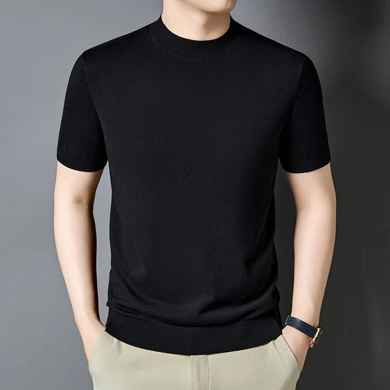 Men's slim fit short sleeve mock neck t-shirt, perfect for modern casual style.