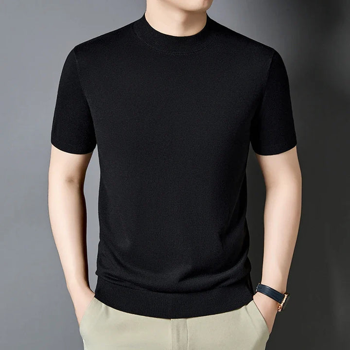 Men's slim fit short sleeve mock neck t-shirt, perfect for modern casual style.