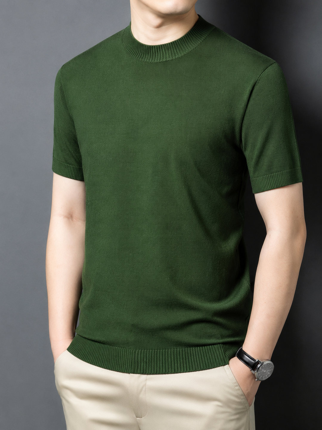 Back view of the men's slim fit mock neck t-shirt, short sleeve, for a clean look.