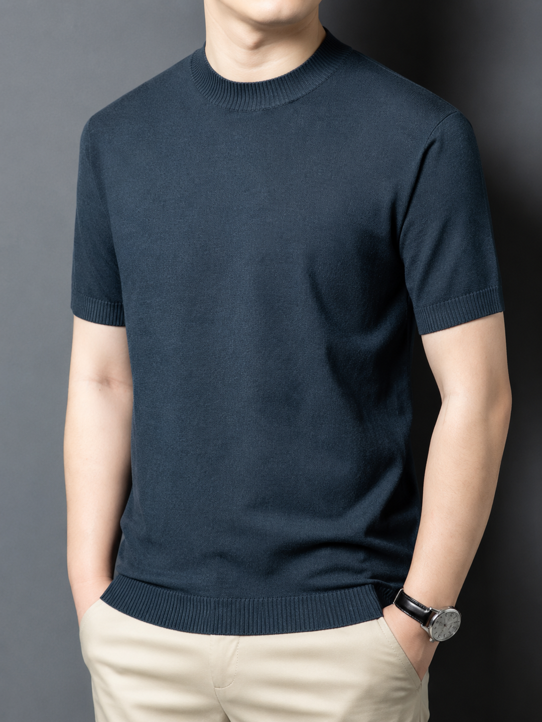 Men's slim fit short sleeve mock neck tee in classic black, versatile casual wear.